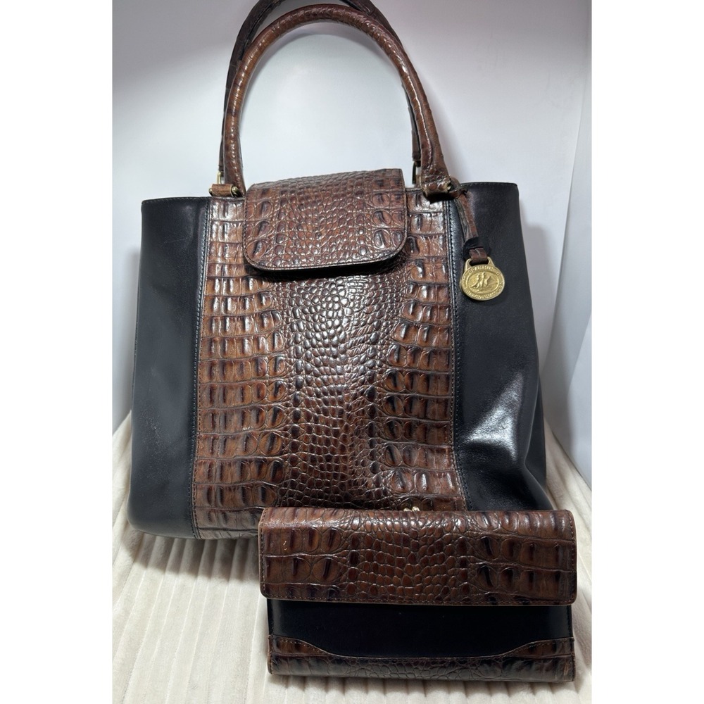 Vintage Brahmin Melbourne Black & Pecan Croc-Embossed Leather Handbag w. Wallet